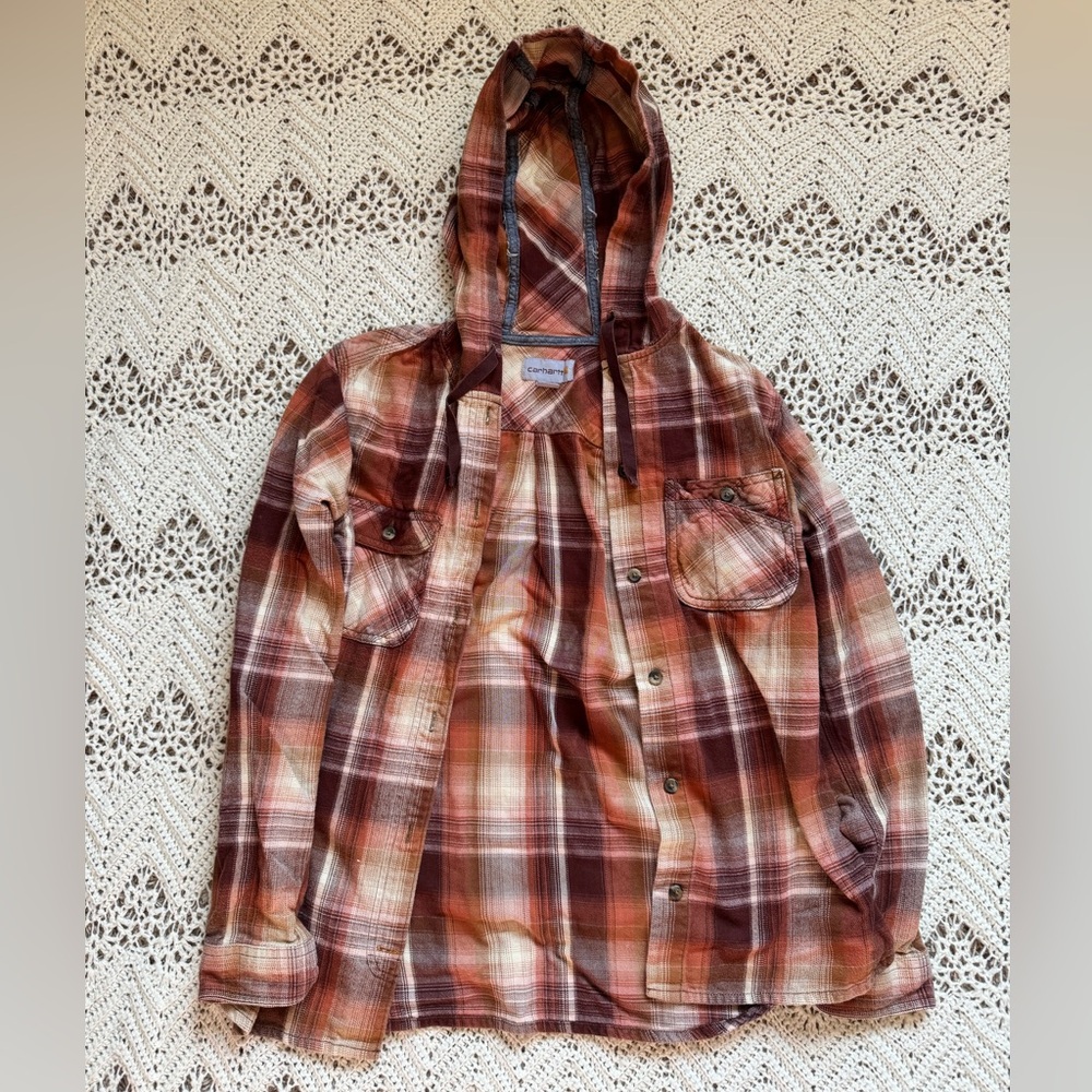 Carhartt Orange and Brown Plaid Shirt Hooded Button Up Women’s Size Small